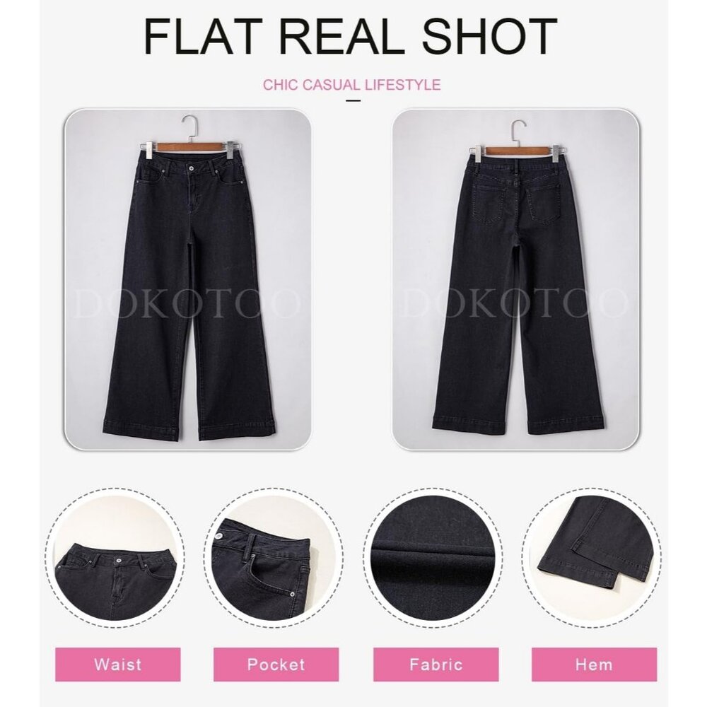 Women's Black High Waisted Wide Leg Denim Jeans Stretchy Loose Pants with Pocket - Picture 6 of 6